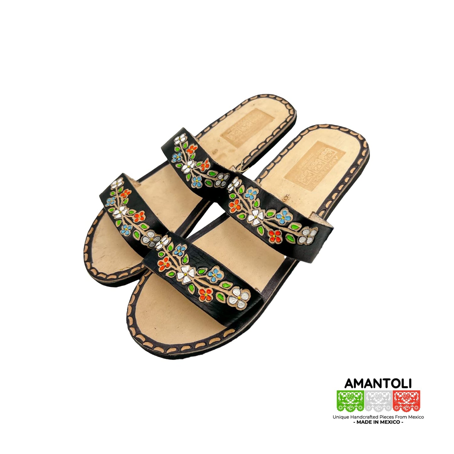  Amantoli Floral Sandal Model - Otomi Huarache - Women 100%  Artisan Hand Made, Hand Painted Mexican Leather Hipster Colorful Sandal, Flats